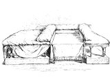 Roman Triclinium in a typical dining room - a three sided couch, covered in cushions when in use. Each side for three reclining eaters, leaning on their left elbow